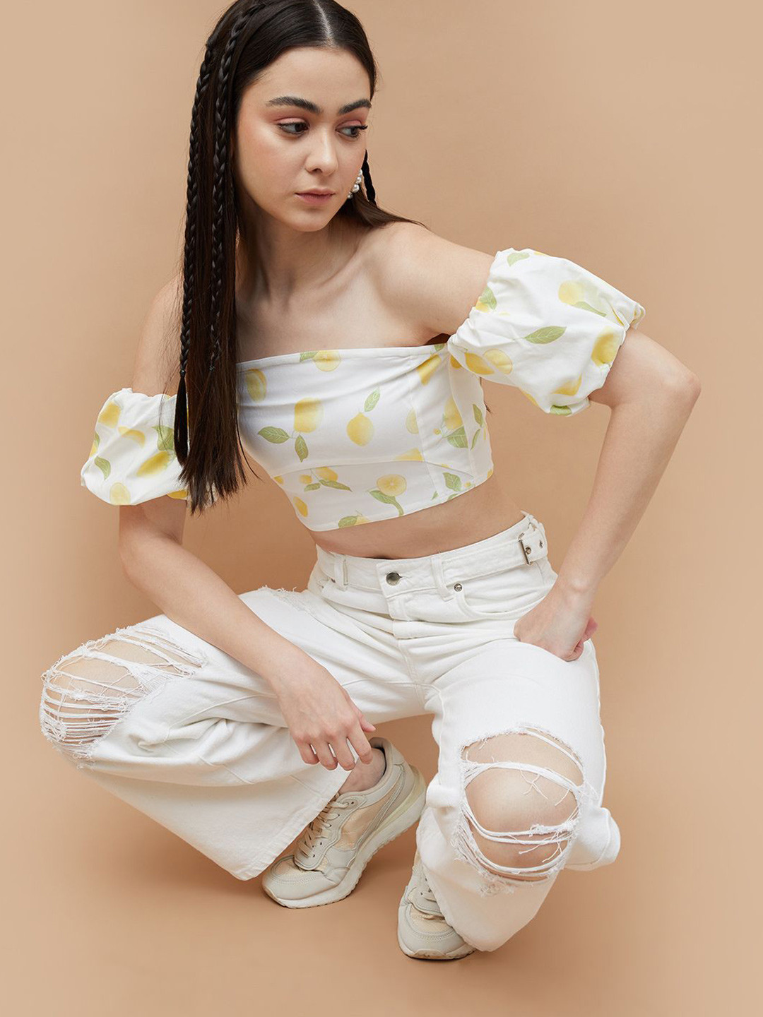 Ginger by Lifestyle Floral Print Flared Sleeve Bardot Top