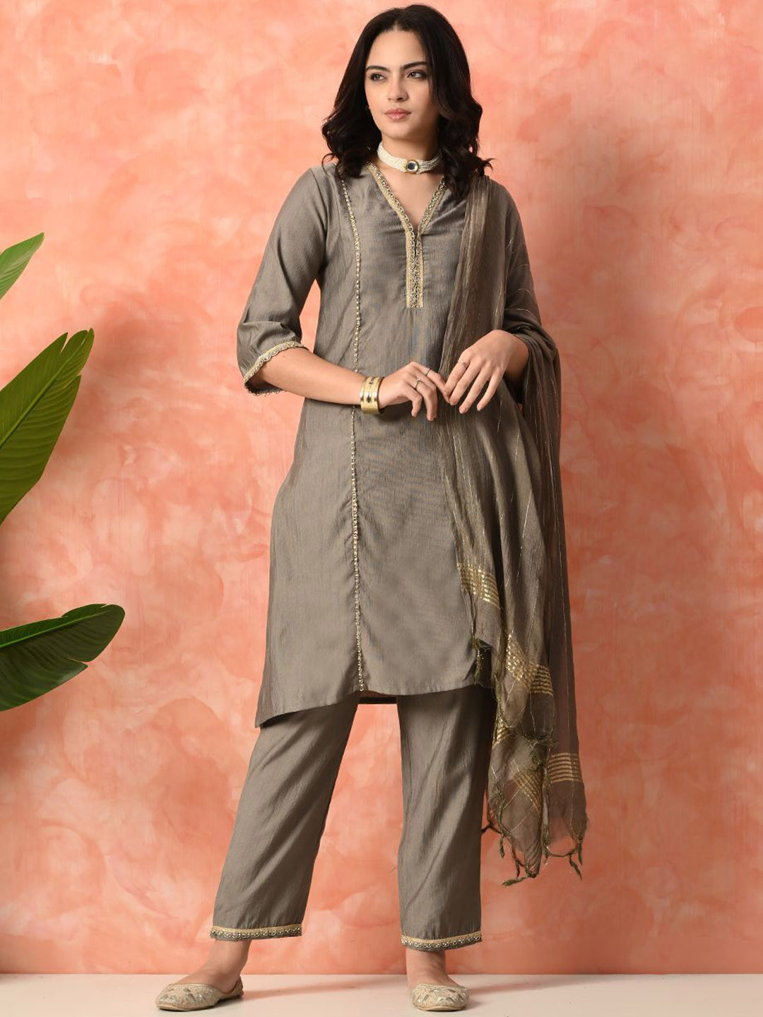 Sangria V-Neck Three-Quarter Sleeves Kurta  With Trousers & Dupat