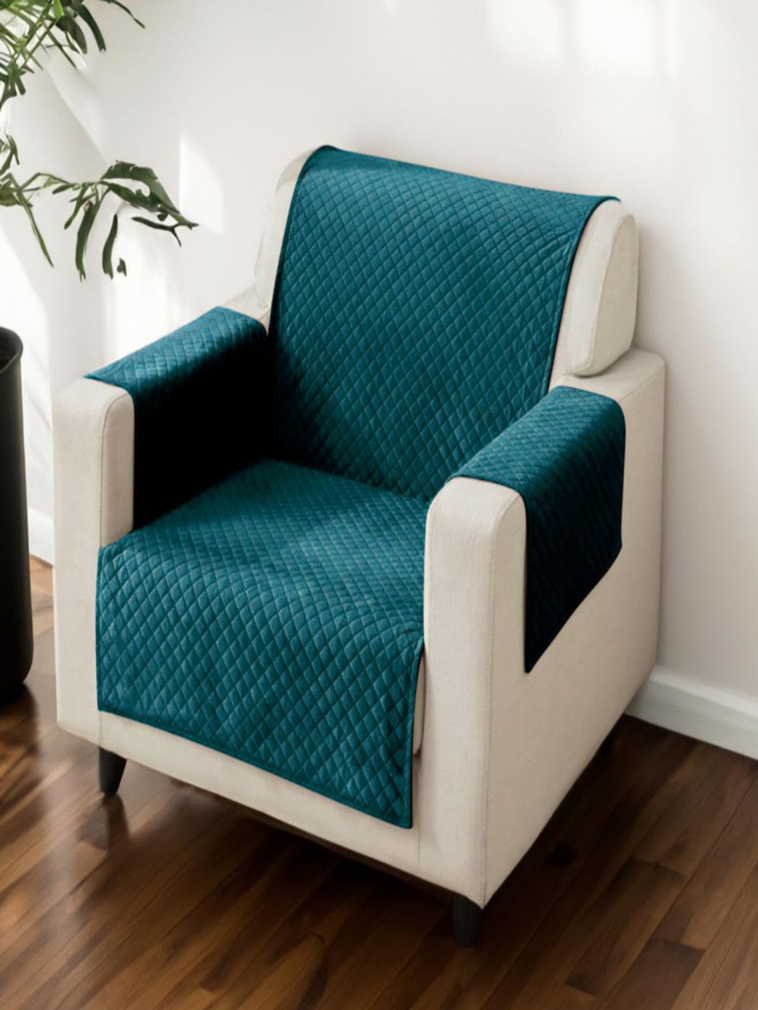 Fashion Throw Teal Checked Velvet 1 Piece Sofa Cover With Arms