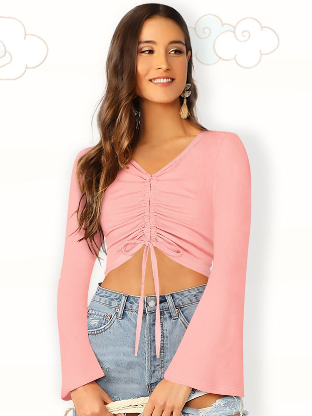 S.K.C V-Neck Batwing Sleeve Crop Top