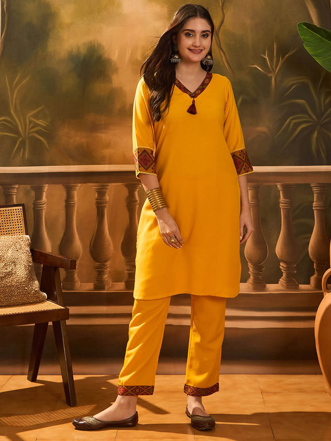 Sangria Self Designed V-Neck Kurta & Trousers Set