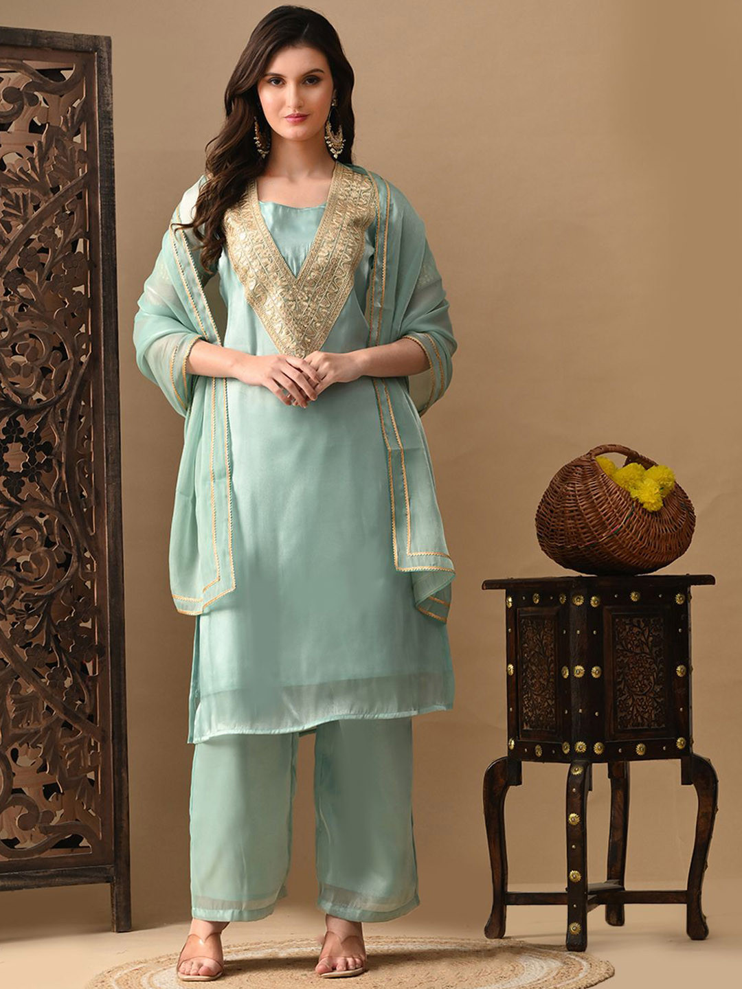 Sangria Straight Round Neck Short Sleeves  Kurta & Trousers With Dupatta
