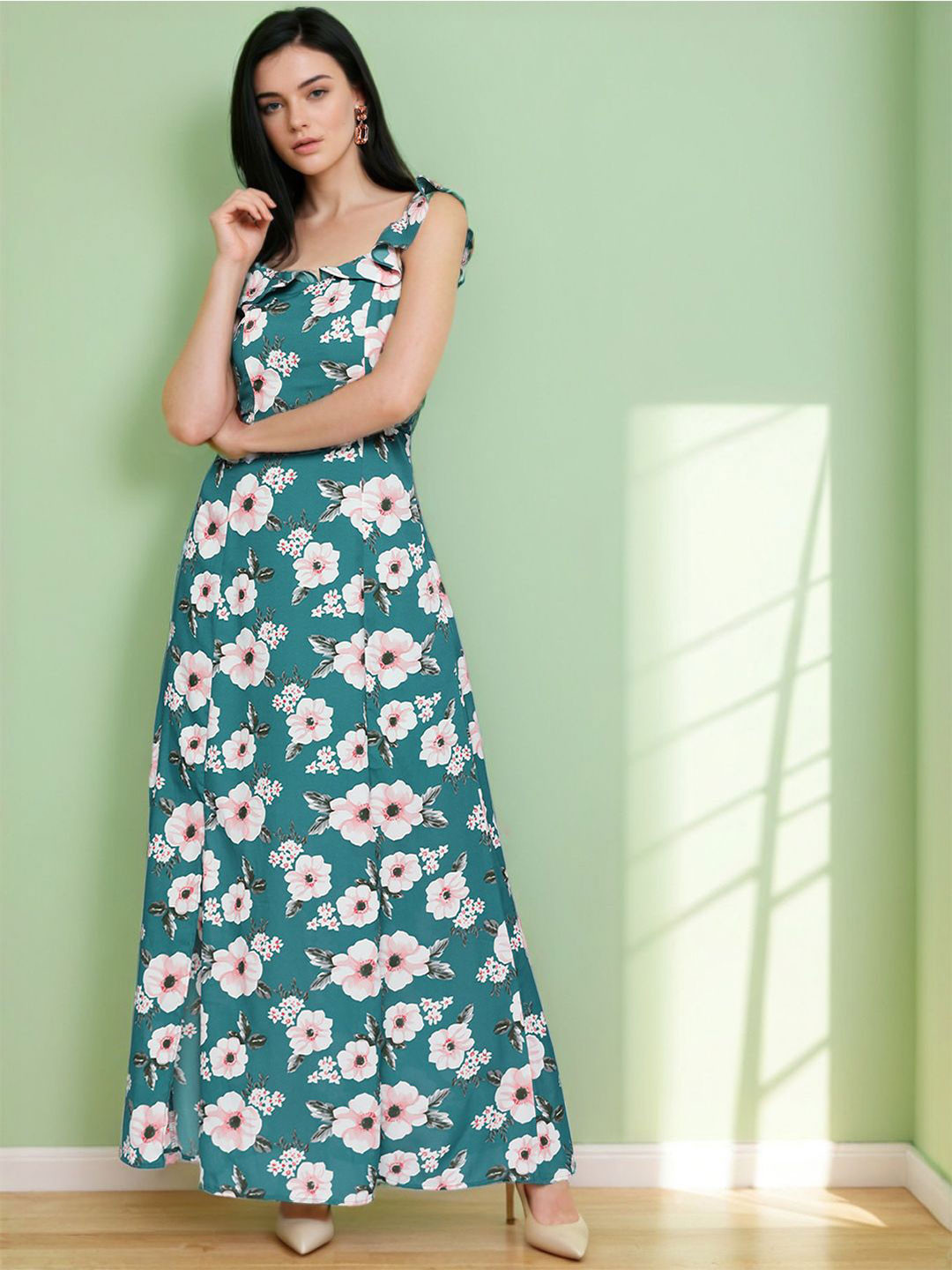 Stylecast X Slyck Floral Print Ruffled A-Line Maxi Dress