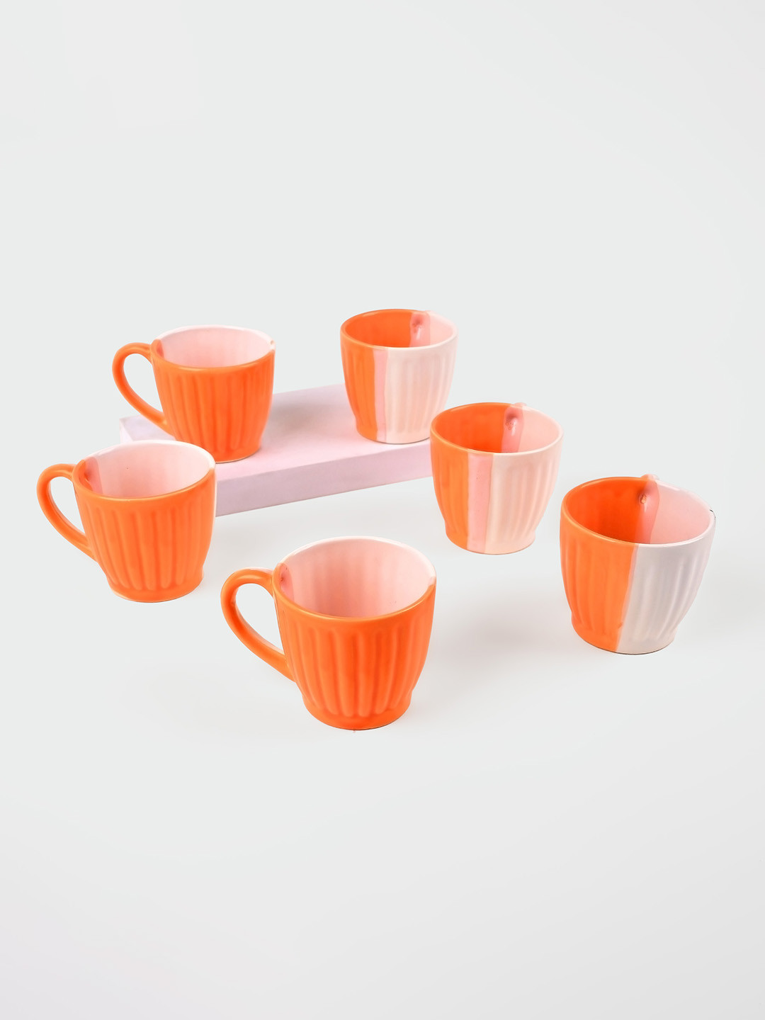 Storepedia Cute But Taurus Orange Colourblocked Ceramic Microwave Safe 6 Piece Mugs-150ml