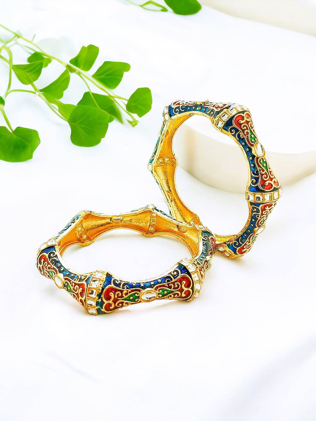 FEMMIBELLA Set Of 2 Gold-Plated Kundan-Studded Meenakari Bangles