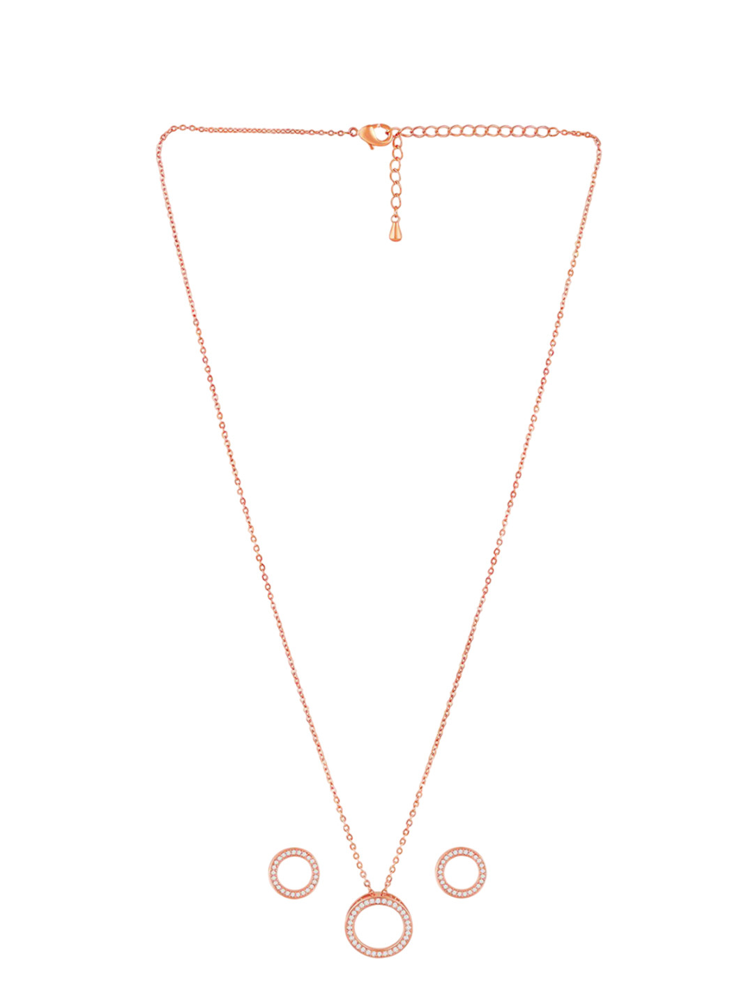 Peora Rose Gold-Plated Cubic Zirconia-Studded Round Pendant Chain & Earrings Jewellery Set