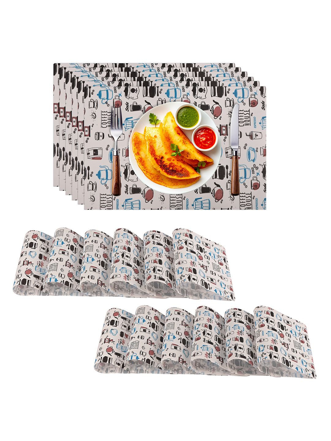 Kuber Industries 18-Pc White & Blue Coffee House Printed Anti-Slip Dining Table Placemats