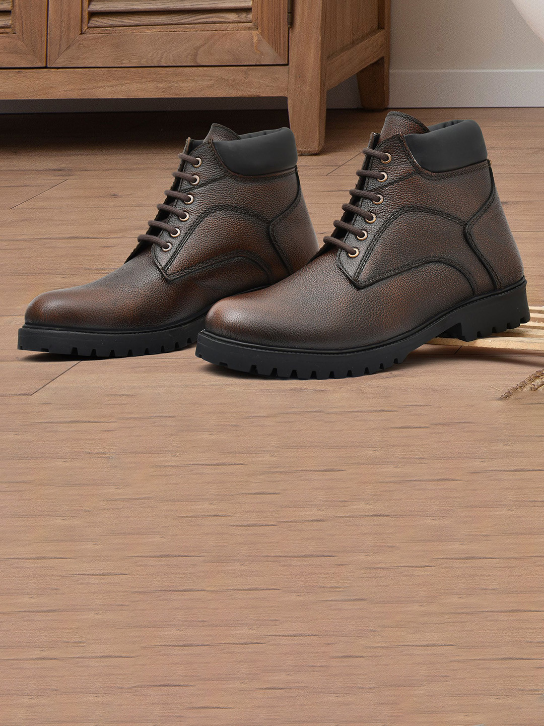 GALEX Men Leather Textured Lace-Ups Mid-Top Regular Boots