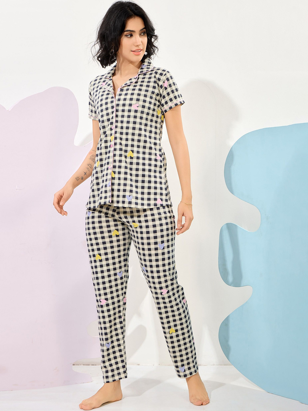 Glamoras Women Printed Lapel Collar Pure Cotton Shirt & Pyjama Set Night Suit