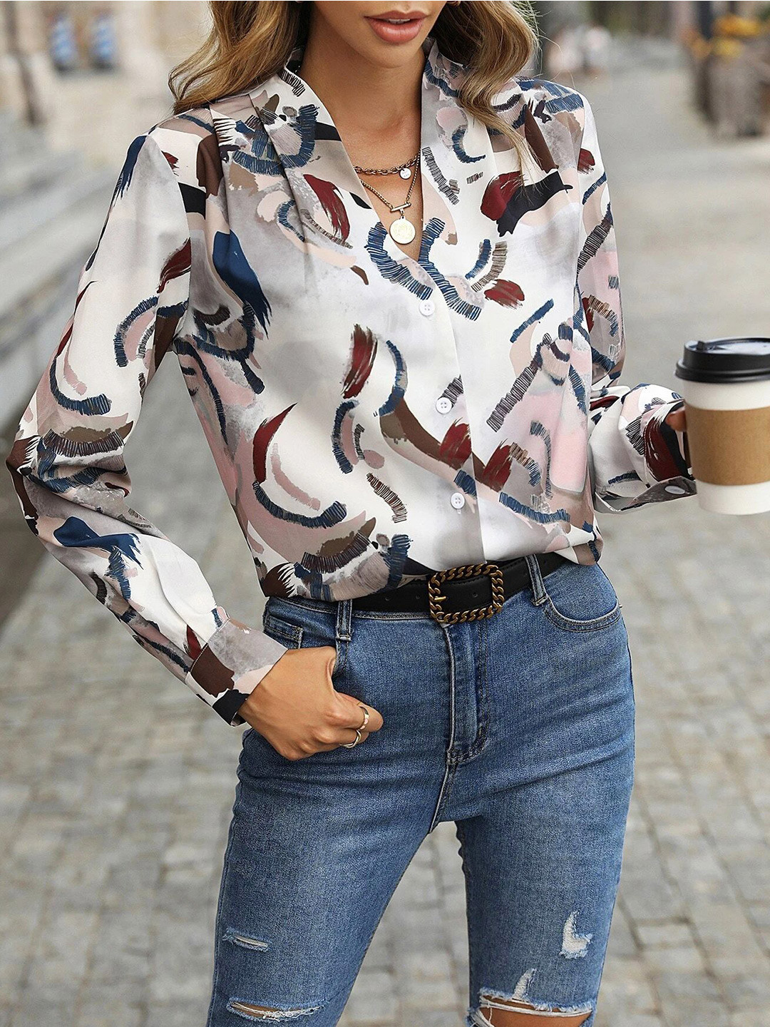 Stylecast X Slyck Women Abstract Printed Collarless Regular Sleeves Shirt