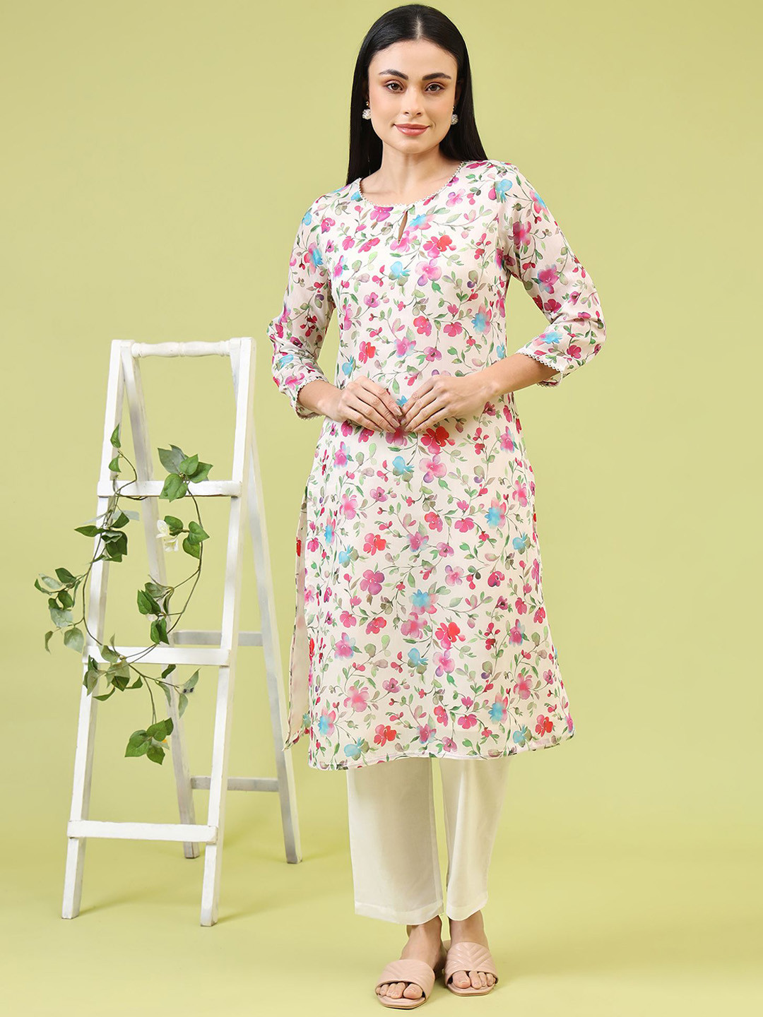 W Women Floral Printed Thread Work Kurta