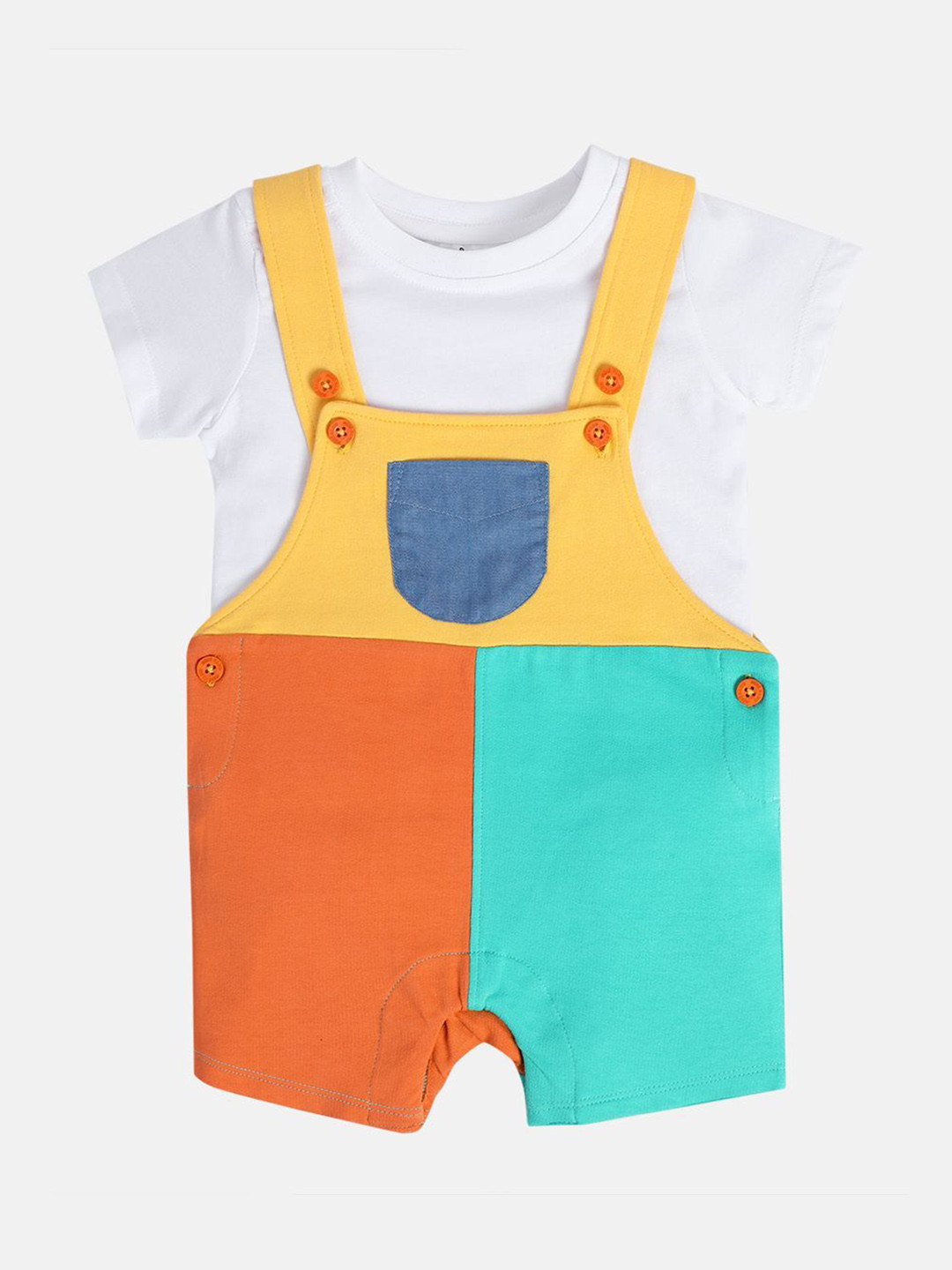 MINI KLUB Infant Boys Color-Blocked Cotton Dungaree With T-Shirt