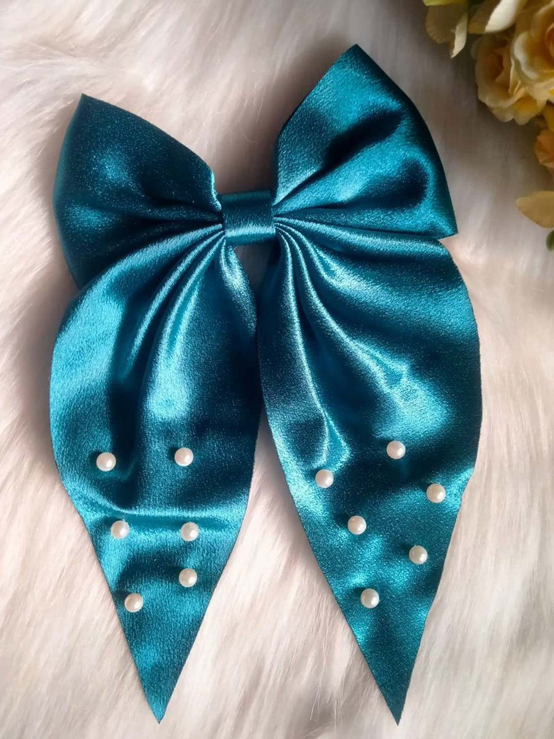 LYKAA Set of 1 Turquise Green Large Satin Hair Bow with Pearls