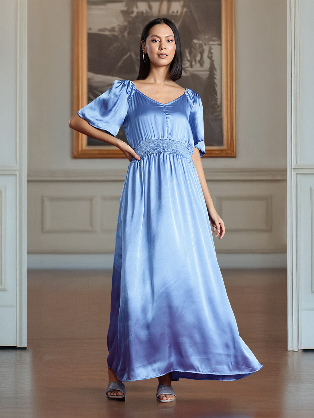 all about you Satin Finish Smocked Maxi Dress