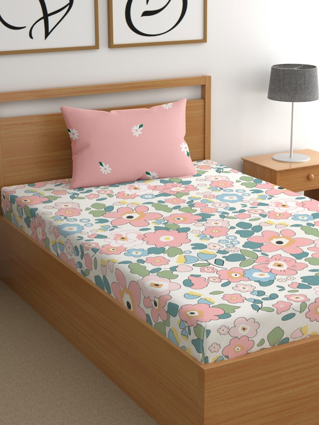 CG HOMES Pink & Blue Floral 180 TC Single Bedsheet with 1 Pillow Covers