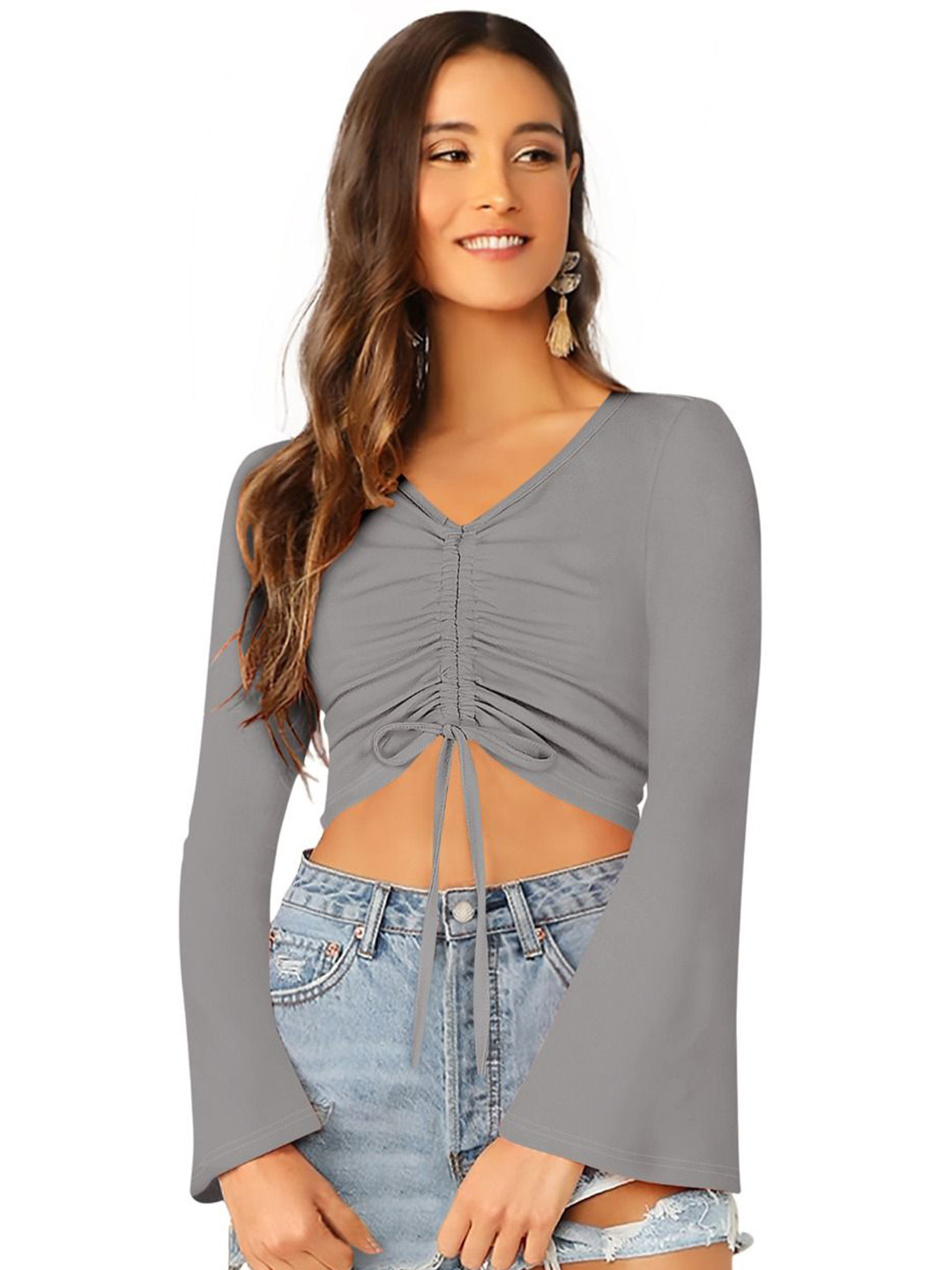 S.K.C V-Neck Batwing Sleeve Crop Top