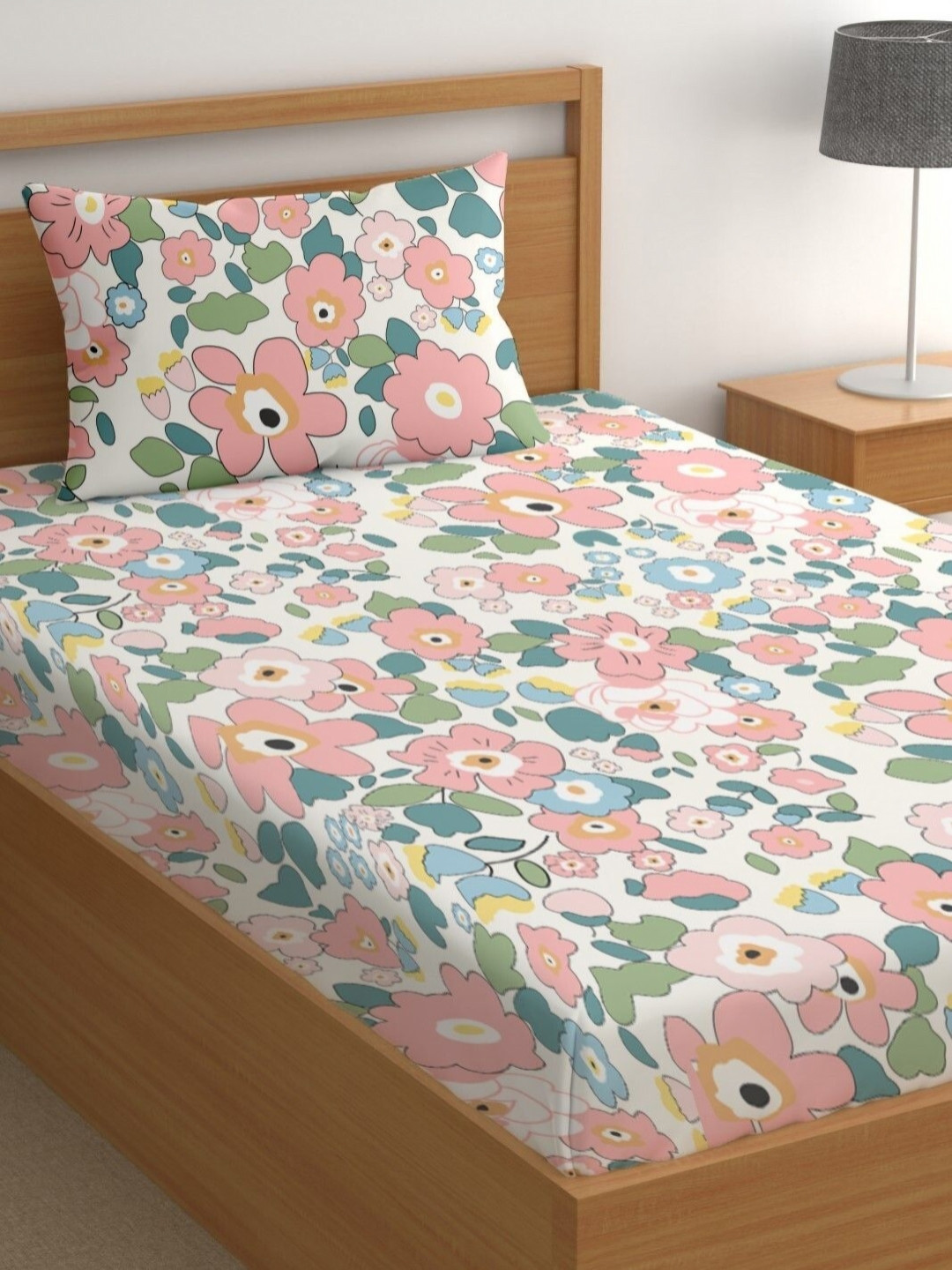 CG HOMES Pink Floral Pure Cotton 180 TC Fitted Single Bedsheet with a Pillow Cover-85 x 59 inches