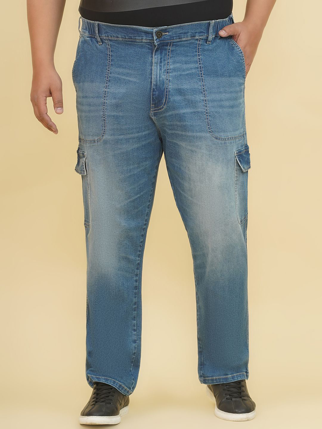 John Pride Plus Size Men Mid-Rise Elasticated Waist Stretchable Cargo Jeans