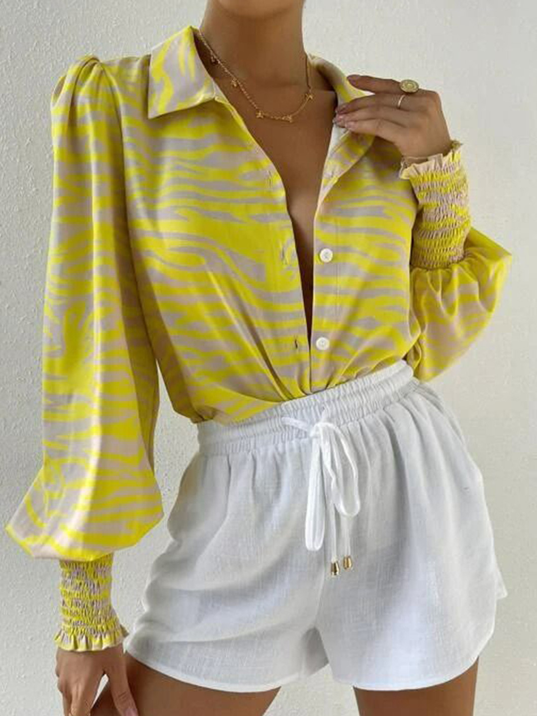 Stylecast X Slyck  Animal Printed Collared Neck Puff Sleeves Shirt