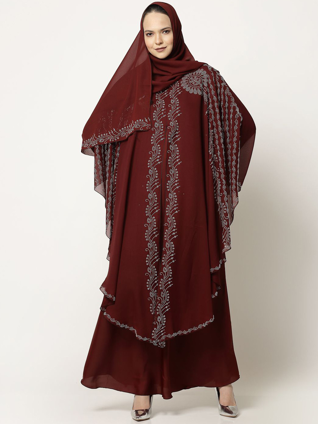 Arrabi Embellished Detail Round Neck Indian Ethnic Burqa With Scarf