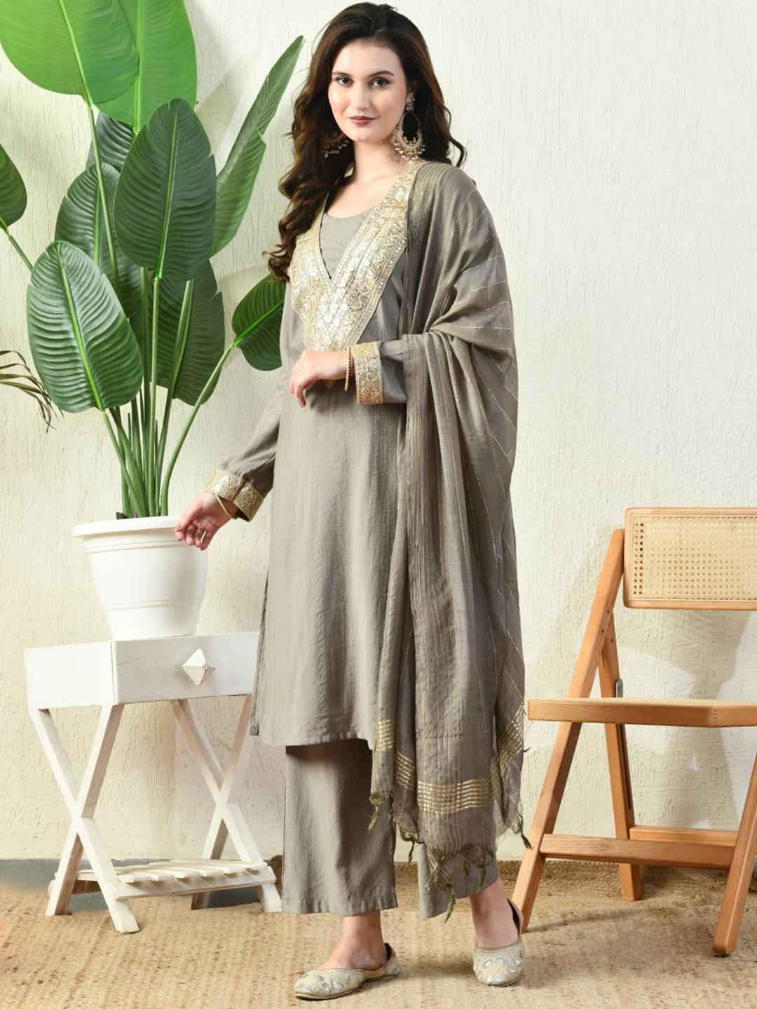 Sangria Round Neck Long Sleeves Kurta  With Trousers & Dupatta