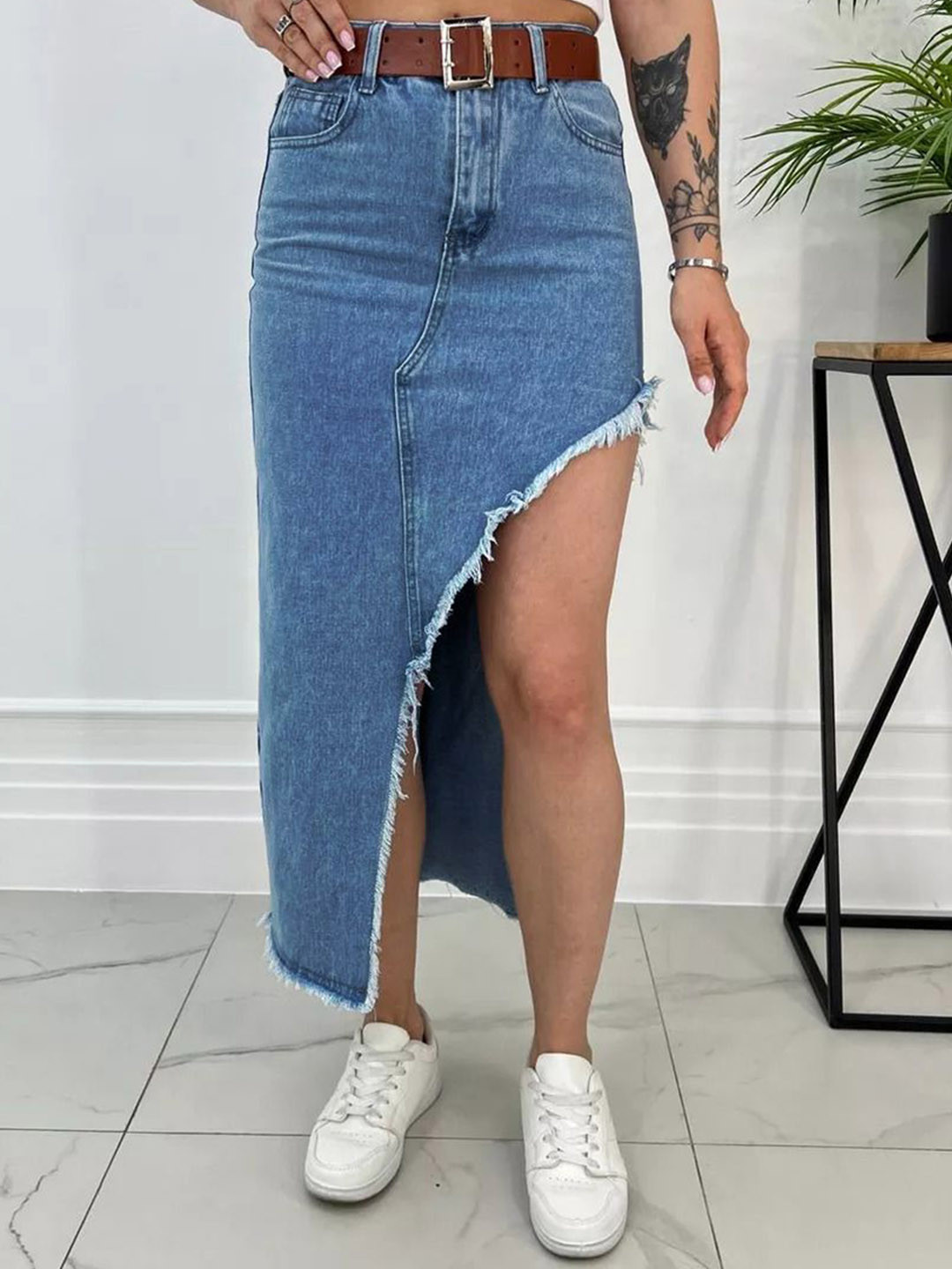 AAHWAN Denim High Waist Midi Middle Slit Skirt