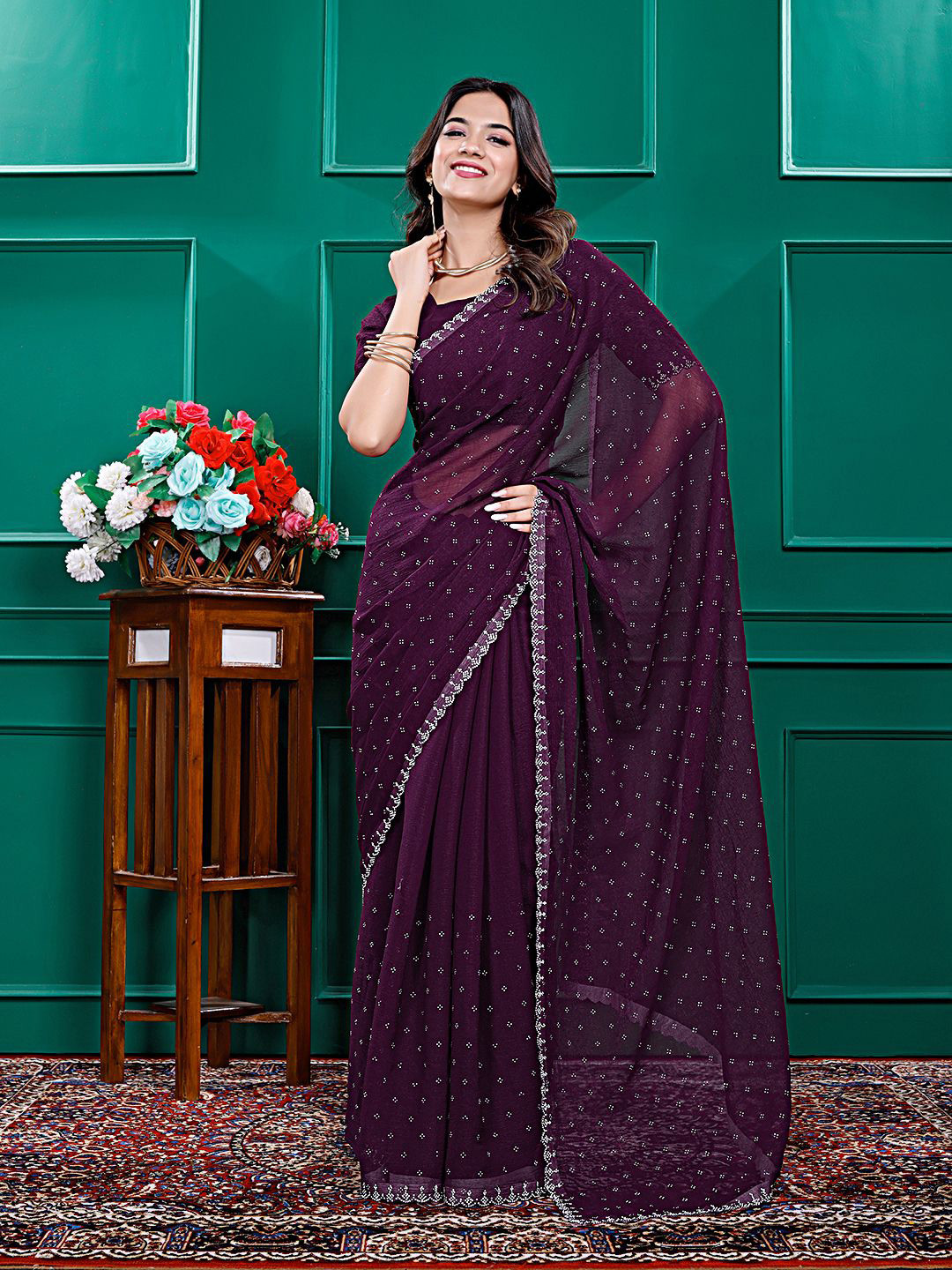 Pionex Poly Chiffon Heavy Work Saree