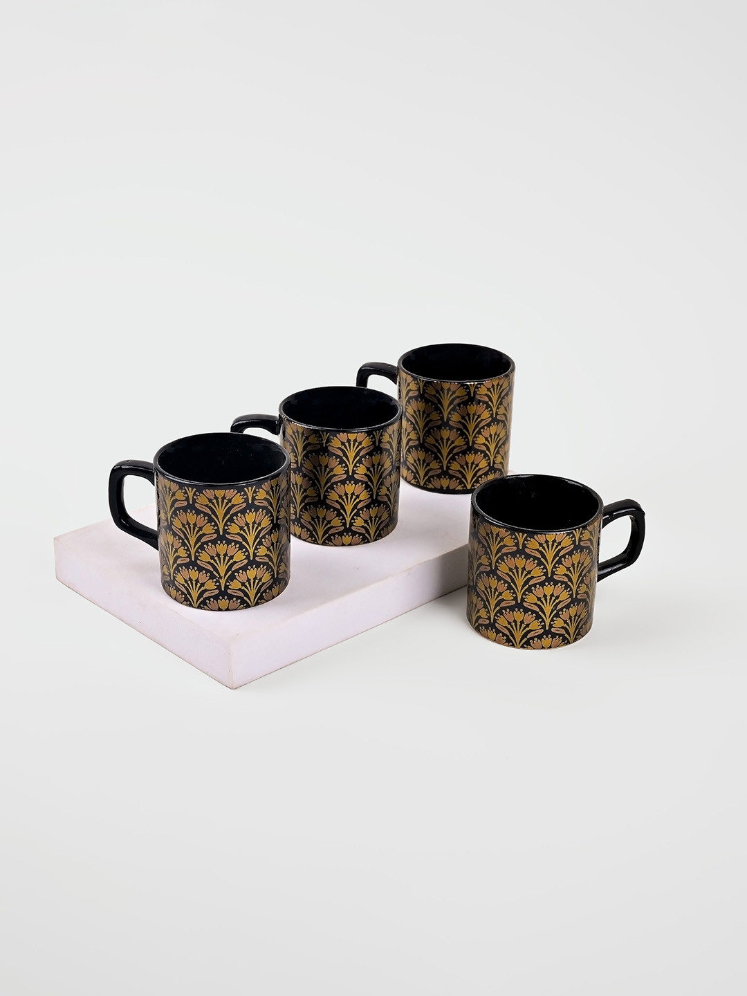 Storepedia The Hut Coffee Hangouts Black Floral Ceramic Handmade 4 Piece Mugs-150ml