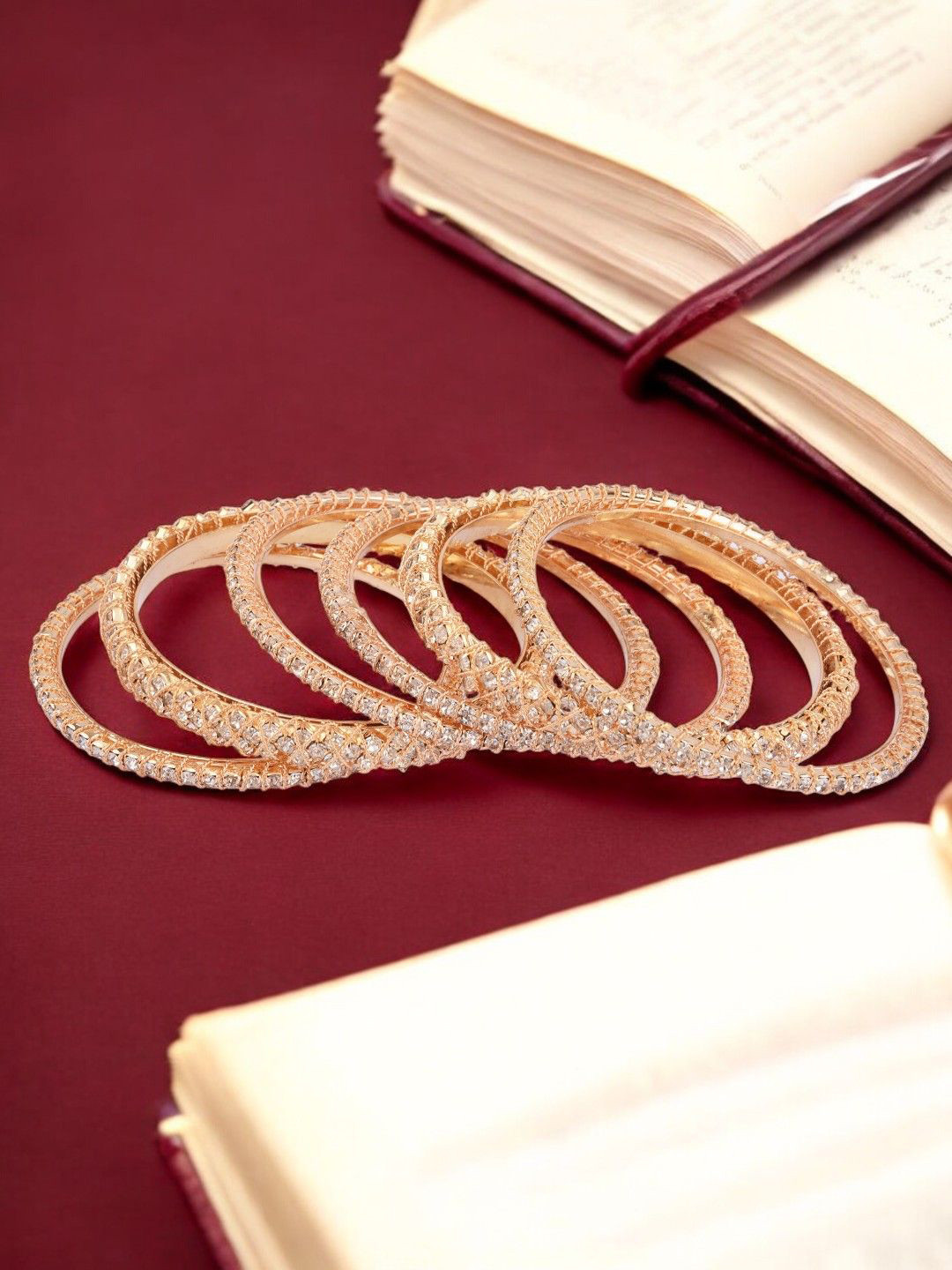 FEMMIBELLA Set Of 6 18KT Gold-Plated Cubic Zirconia Stone-Studded Chuda Bangles