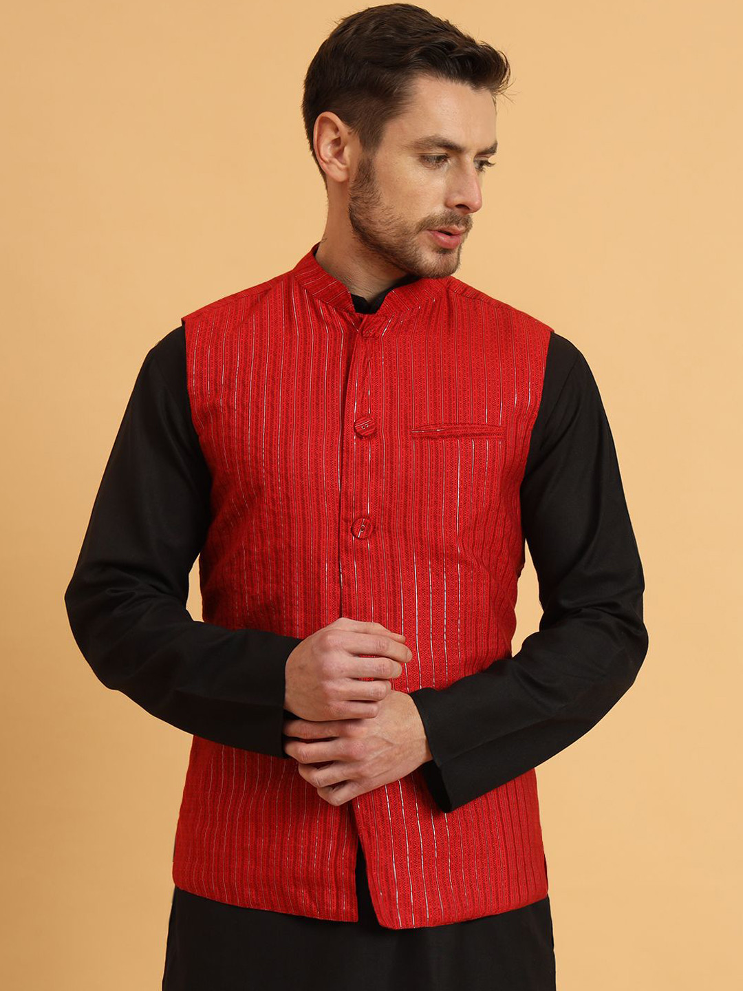 Mandarian Collar Woven Design Nehru Jackets