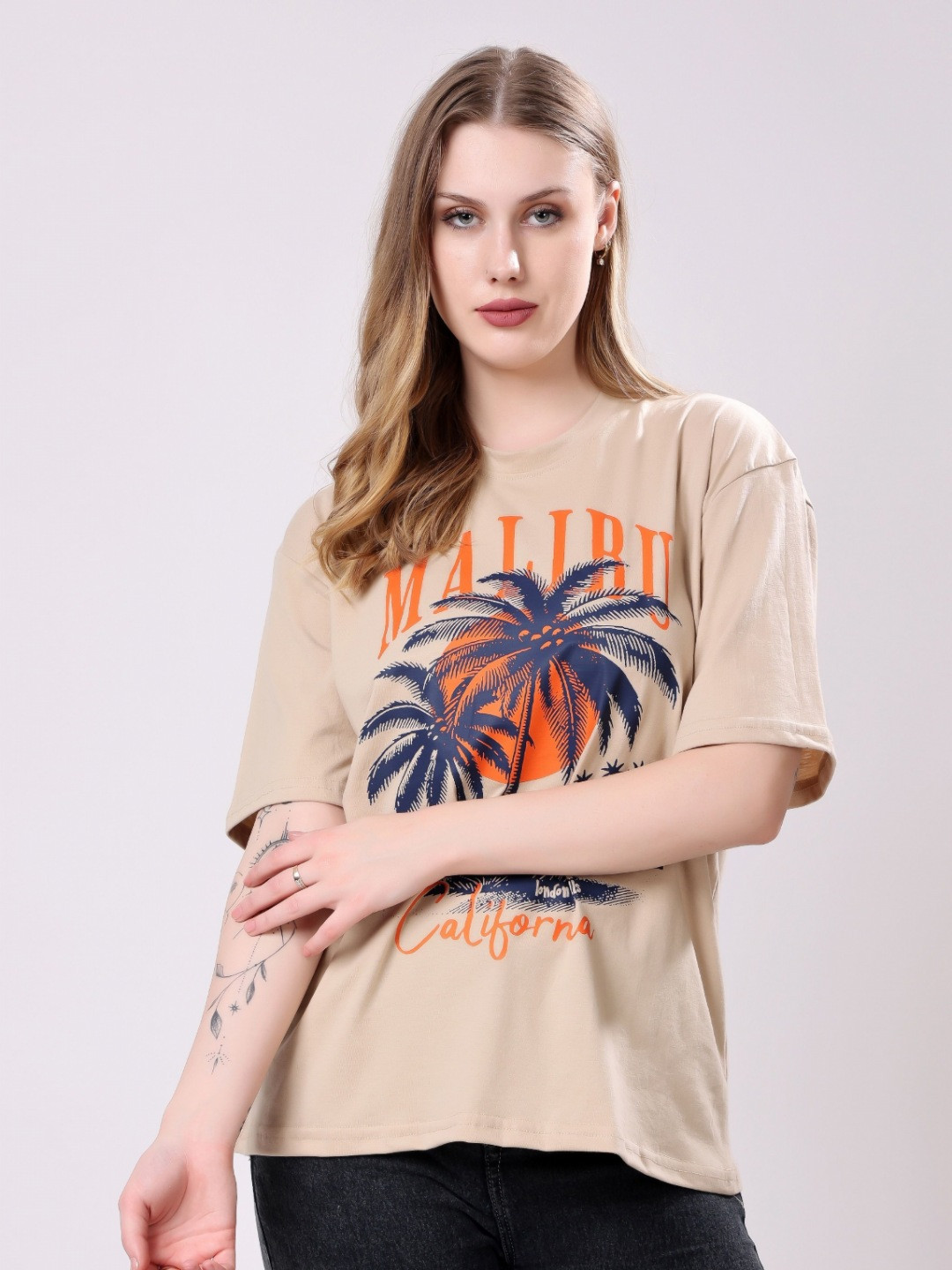 London Hills Graphic Printed Drop-Shoulder Sleeves Cotton Oversized T-shirt