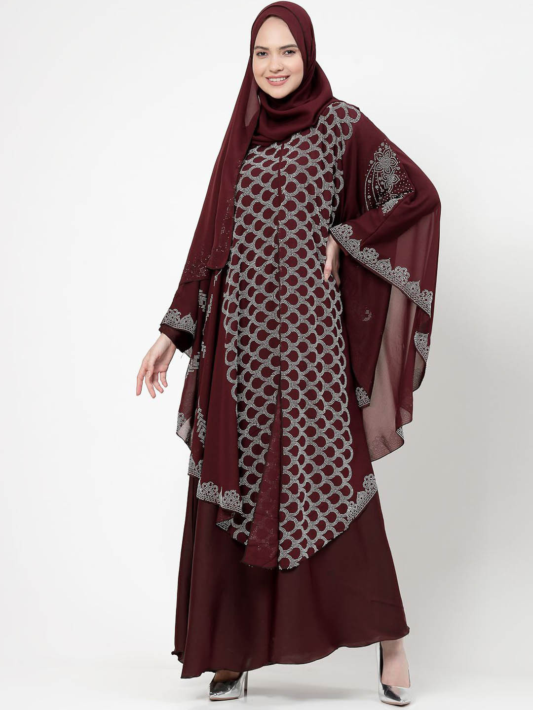 Arrabi Embellished Detail  Round Neck Indian Ethnic Burqa With Scarf