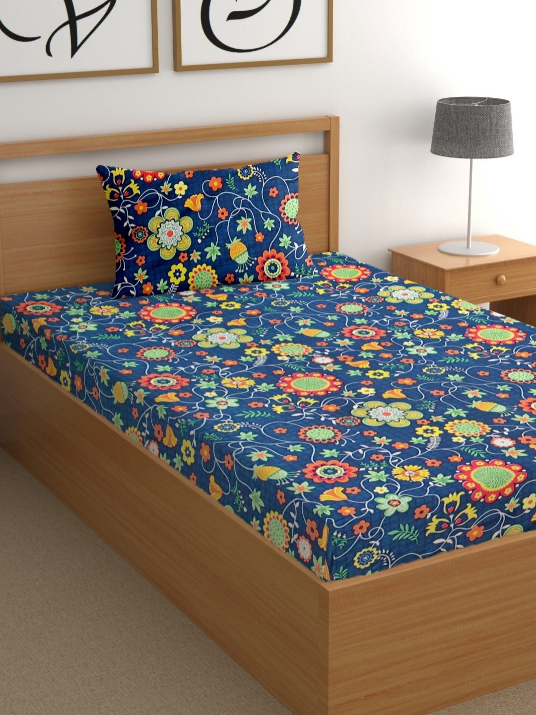 CG HOMES Blue Ethnic Motifs Cotton 180 TC Single Fine Bedsheet with a Pillow Cover-85 x 59 inches