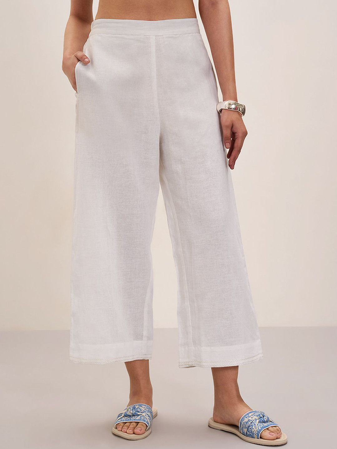 Marigold Lane Women Cropped Linen Parallel Trousers