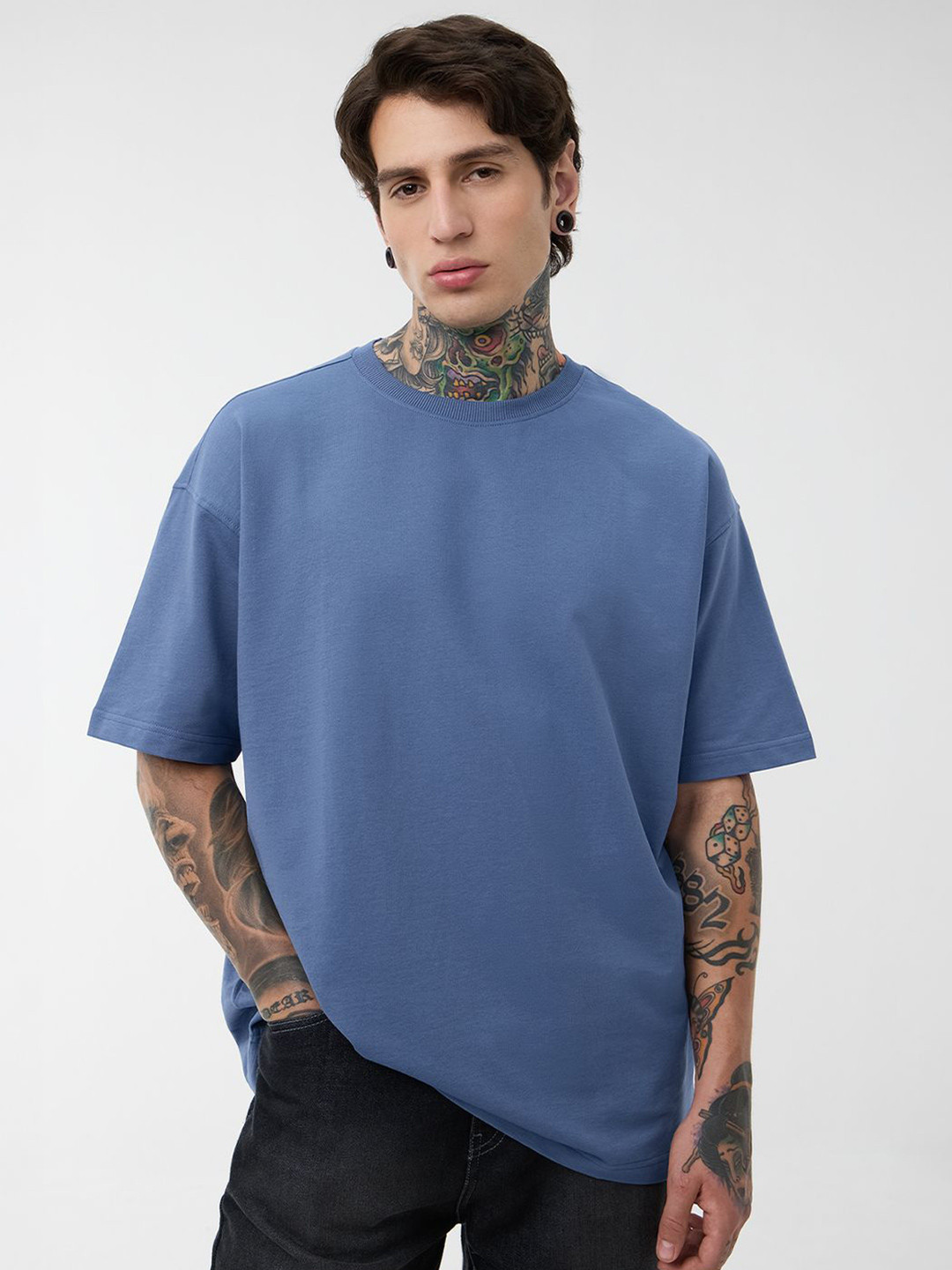 The Souled Store Men Oversized Fit Solid Blue T-Shirts