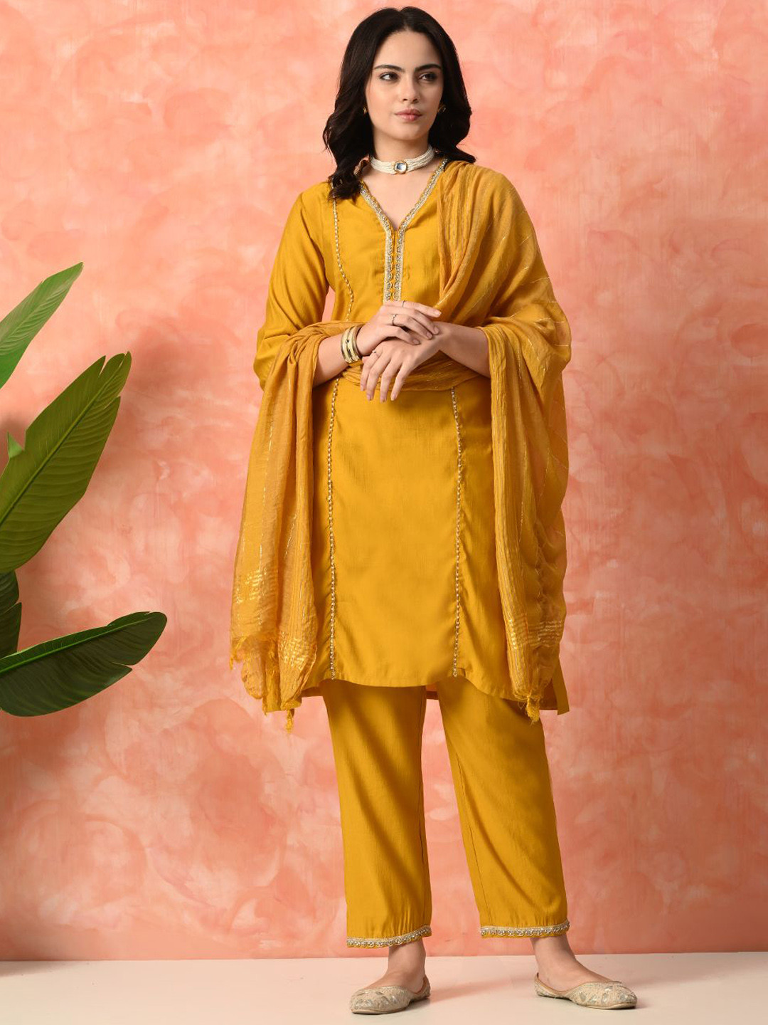 Sangria V-Neck Three-Quarter Sleeves Straight Kurta T& rousers With Dupatta