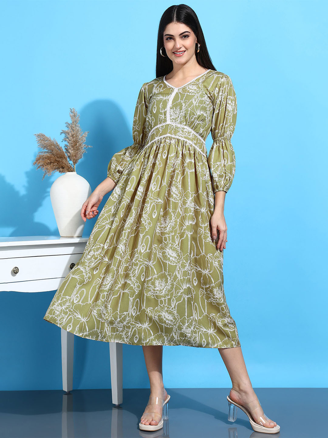 EVANORA Floral Printed V-Neck Cotton A-Line Midi Dress