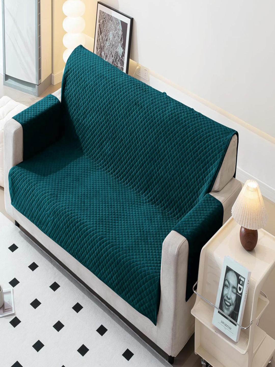 Fashion Throw Teal Checked Velvet 3 Piece Sofa Cover With Arms