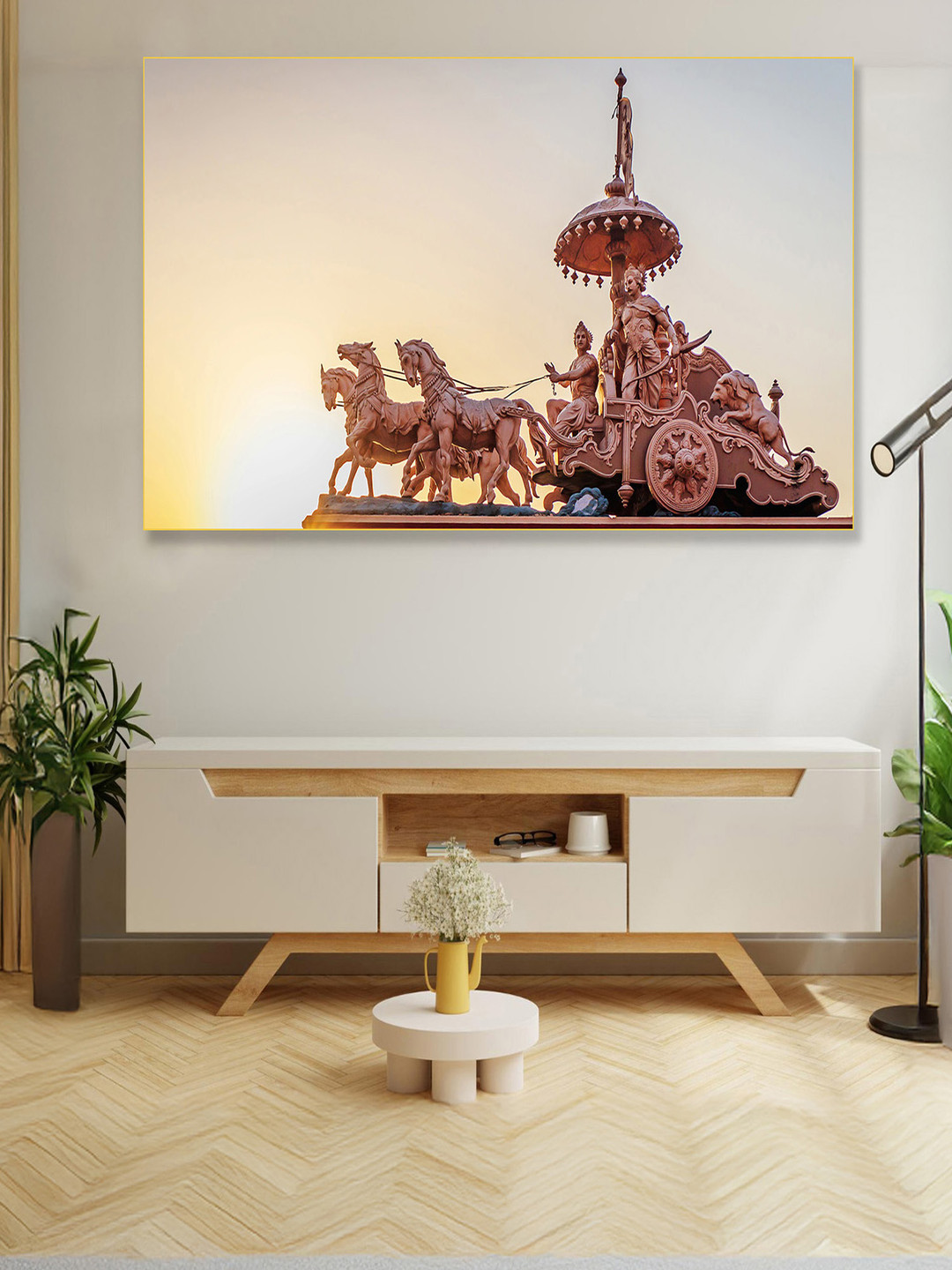 nestroots Brown & Gold-Toned Lord Krisna Arjuna Printed Canvas Wall Painting