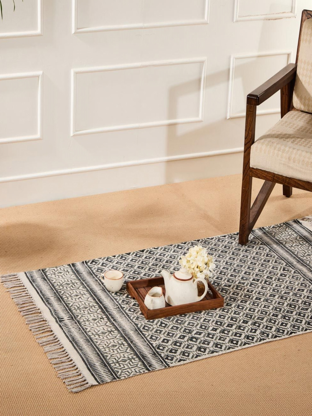 Fabindia Beige & Black Printed Rectangular Medium Dhurrie