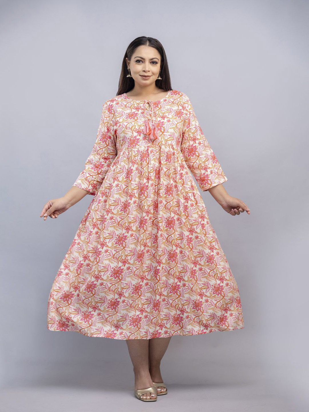 Fashion Zest Plus Size Floral Printed Tie-Up Neck A-Line Maxi Dress