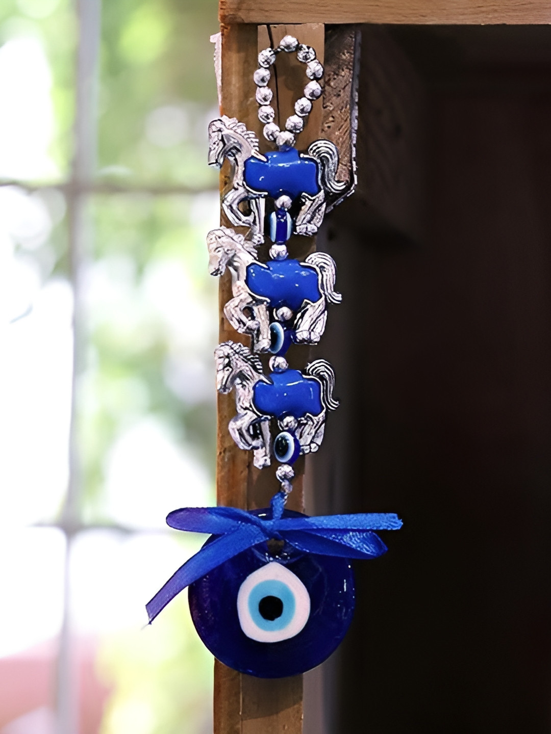 SANKALAN CREATIONS Turkish Evil Eye Wall Hanging, Horse Charm with Ribbon Blue Crystal Glossy Living Room Medium Showpiece -