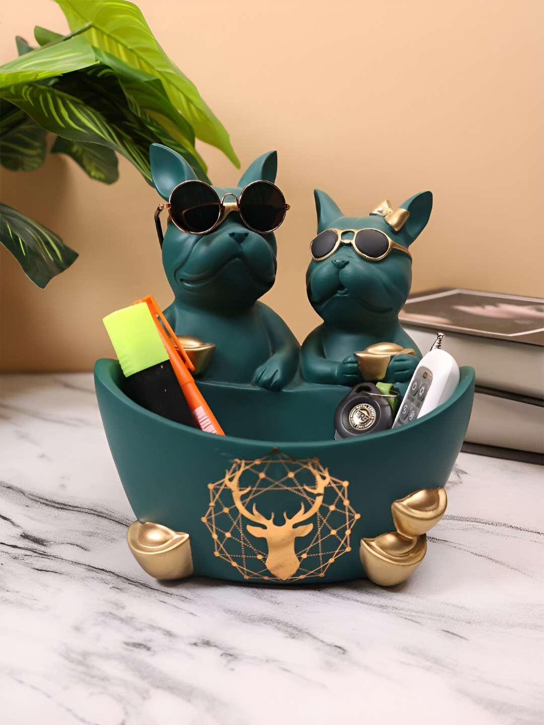 SMOKEY COCKTAIL Duo Dog Green Polyresin Matte Living Room Medium Showpiece - 8.7 Inches