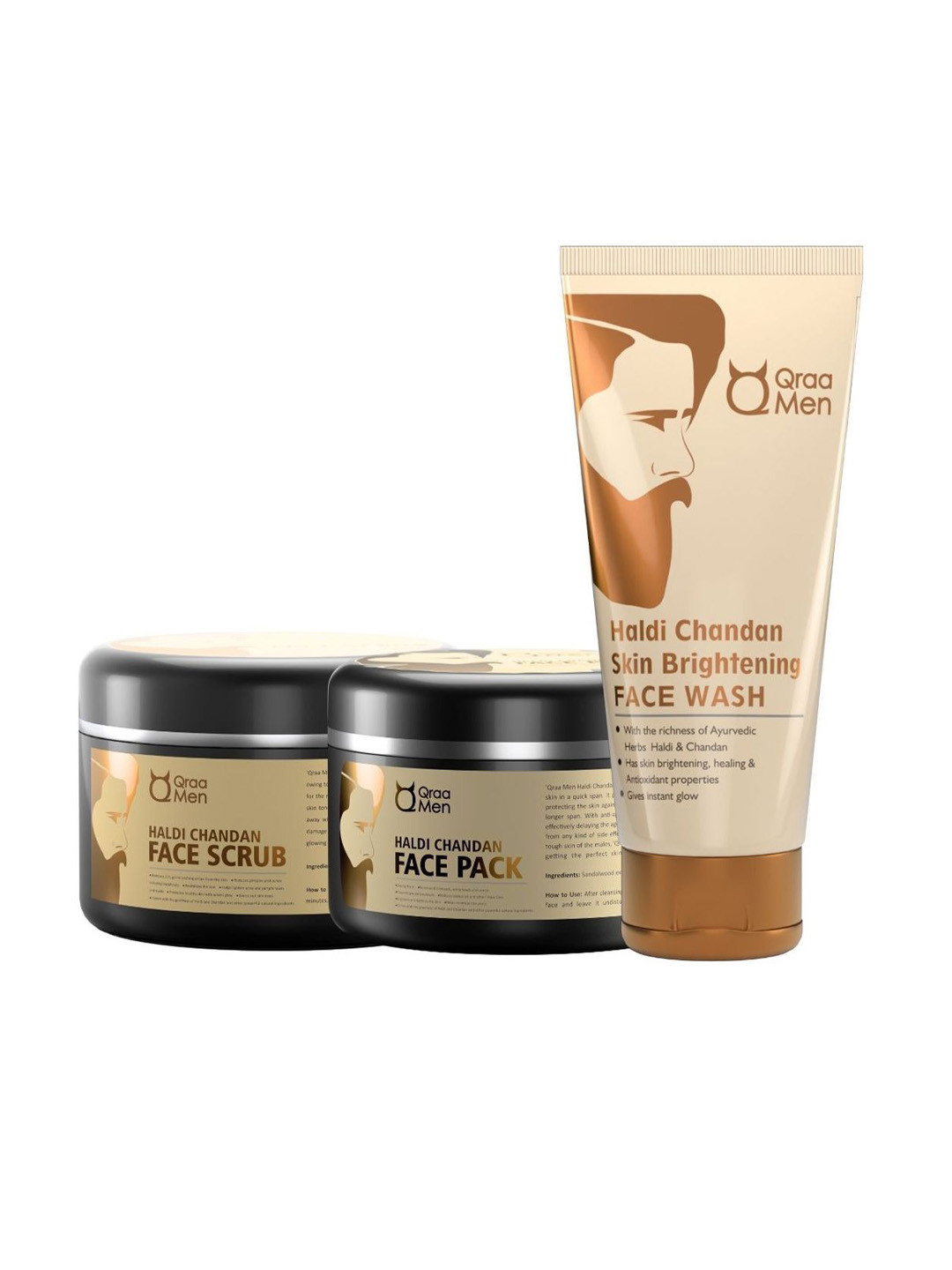 Qraa Men Set Of 3 Brightening Haldi Chandan Face Wash, Face Pack & Face Scrub - 100 g Each