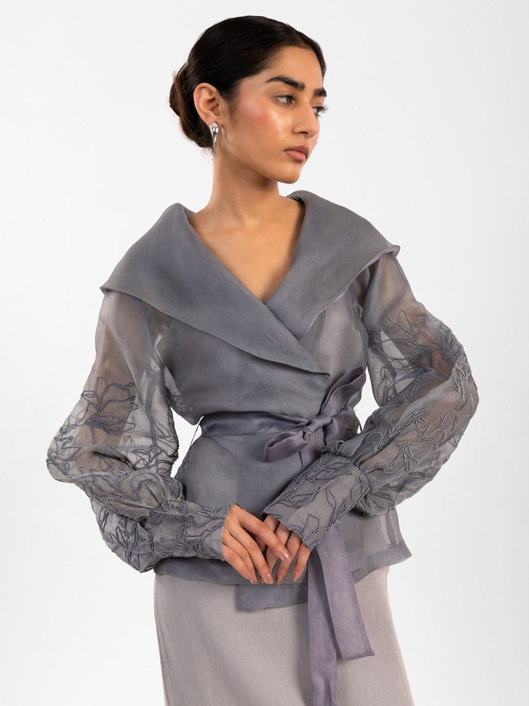 Contemponari Embroidered Silk Organza Wrap Top