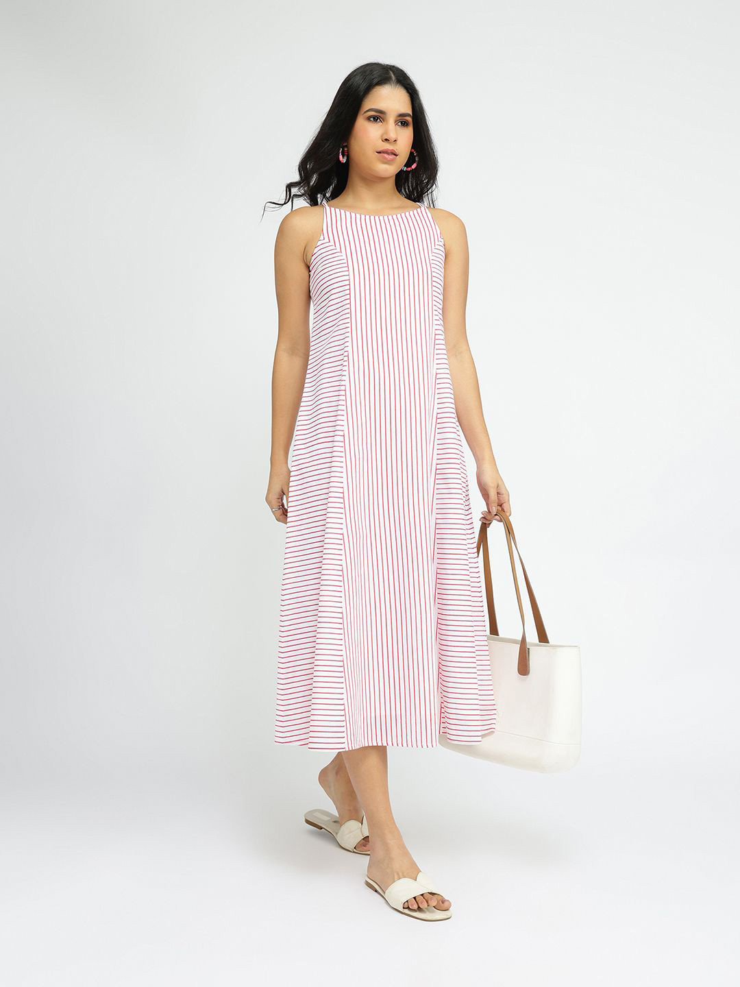 Pink Fort Striped A-Line Midi Dress
