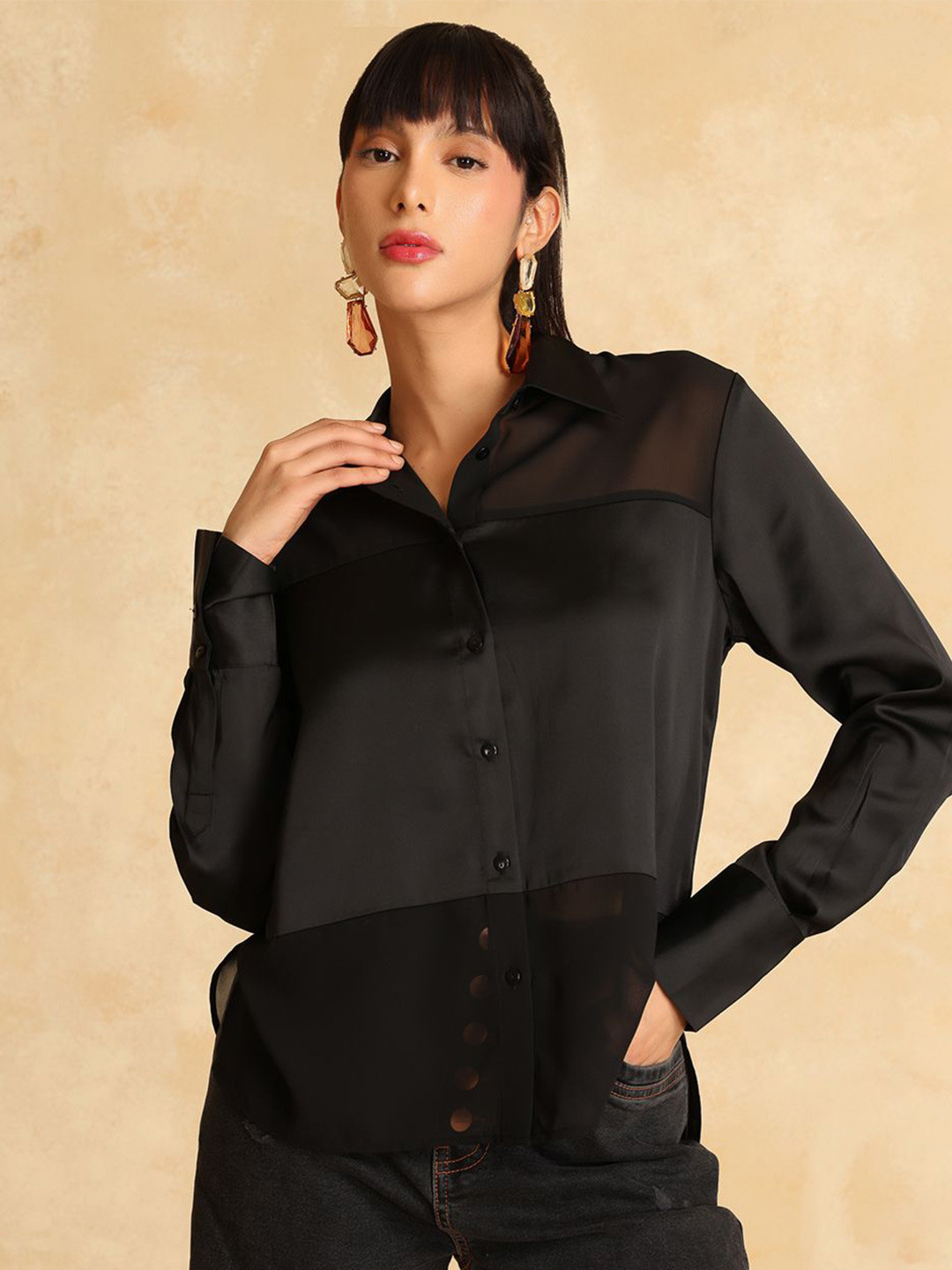 Kazo Mauritz Relaxed Fit Women Spread Collar Semi Sheer Party Shirt