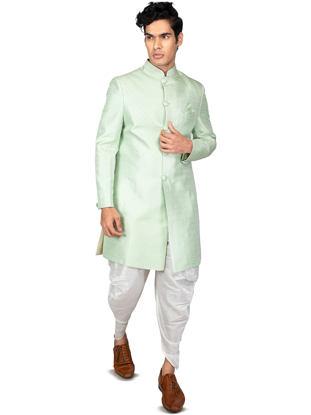 Anil Kumar Ajit Kumar Self Design Mandarin Collar Sherwani Set