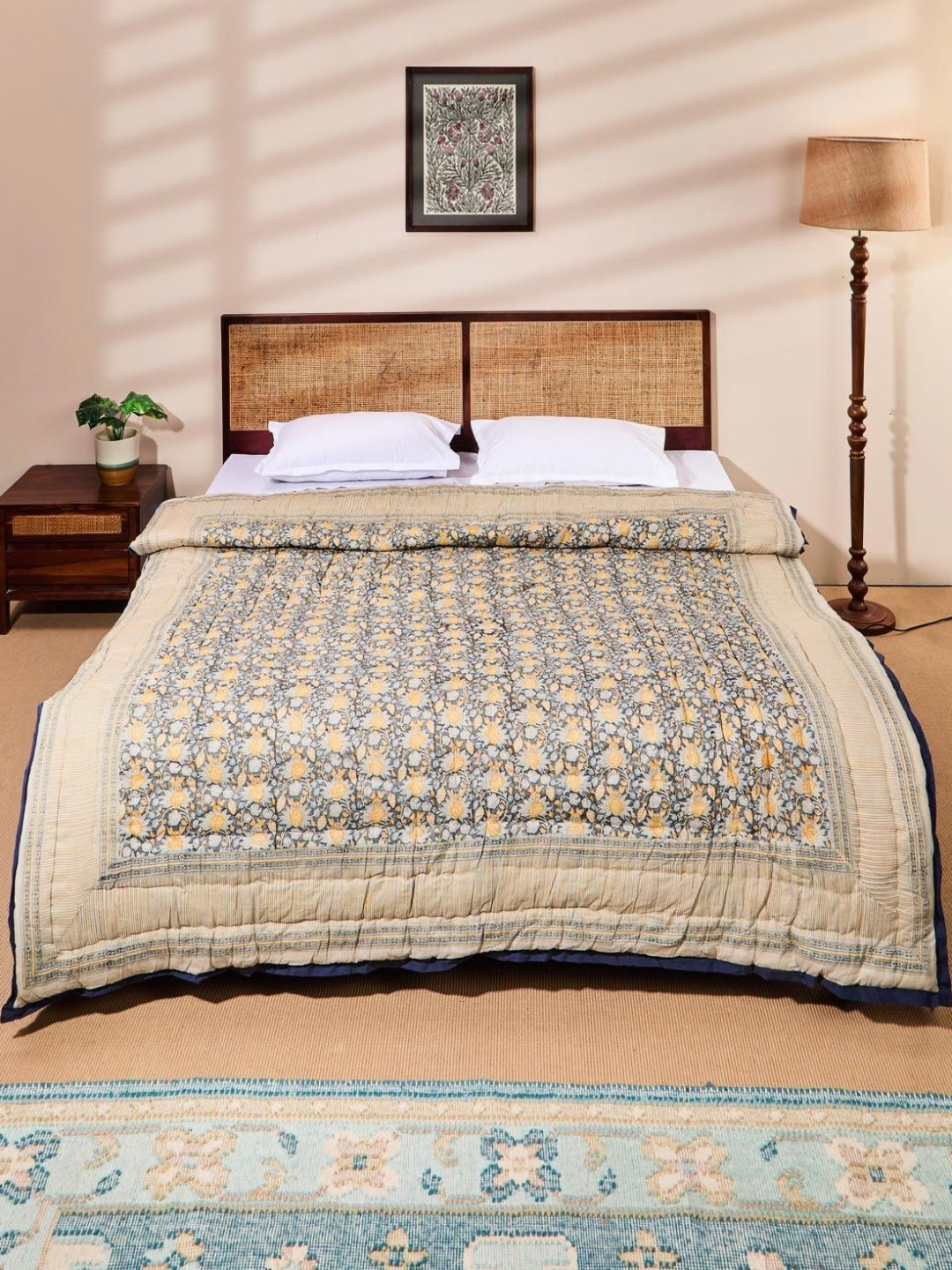 Fabindia Blue & Orange Floral AC Room Double Bed Quilt