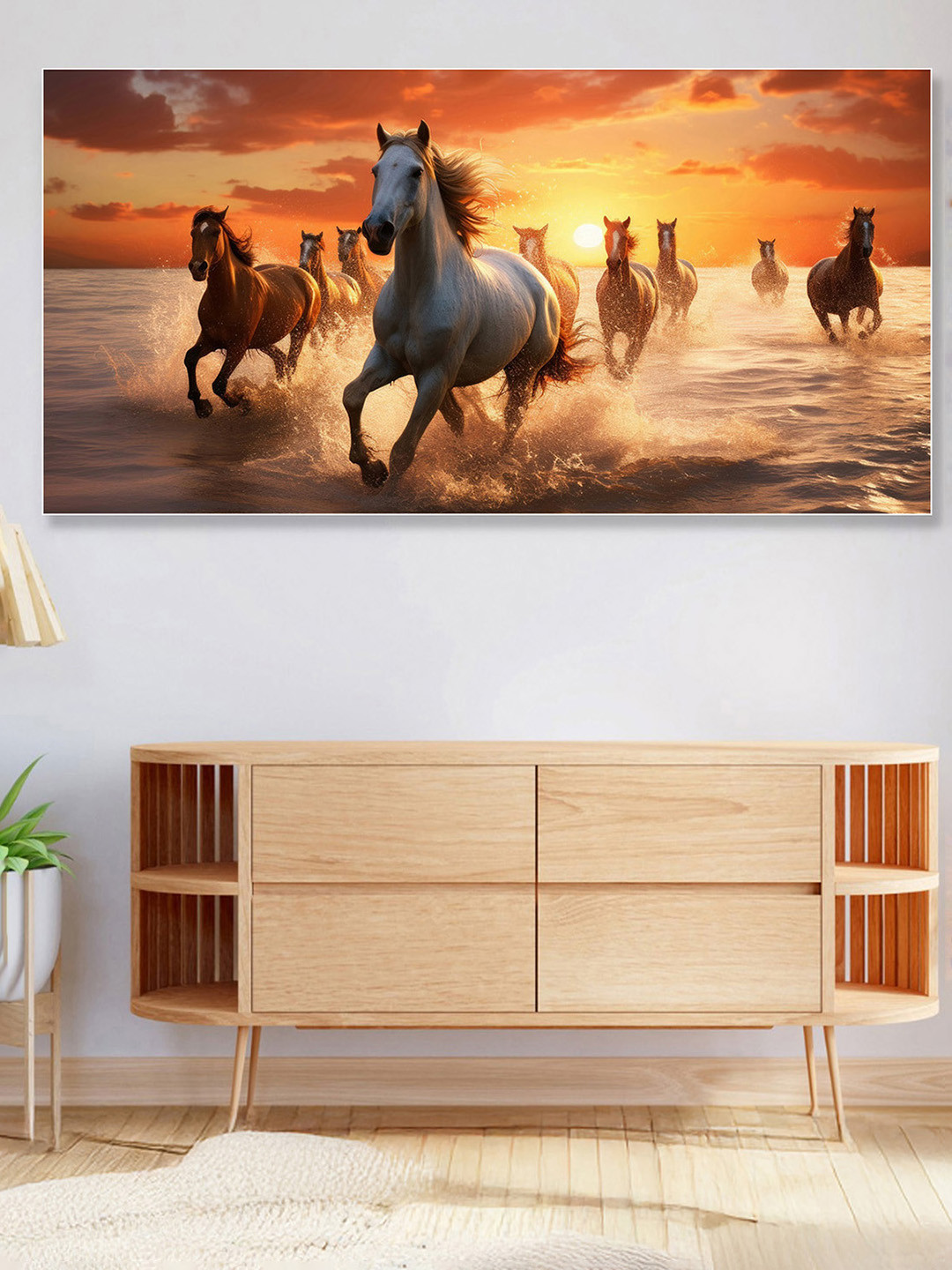 nestroots Brown & Beige 7 Horses Painting Framed Wall Art